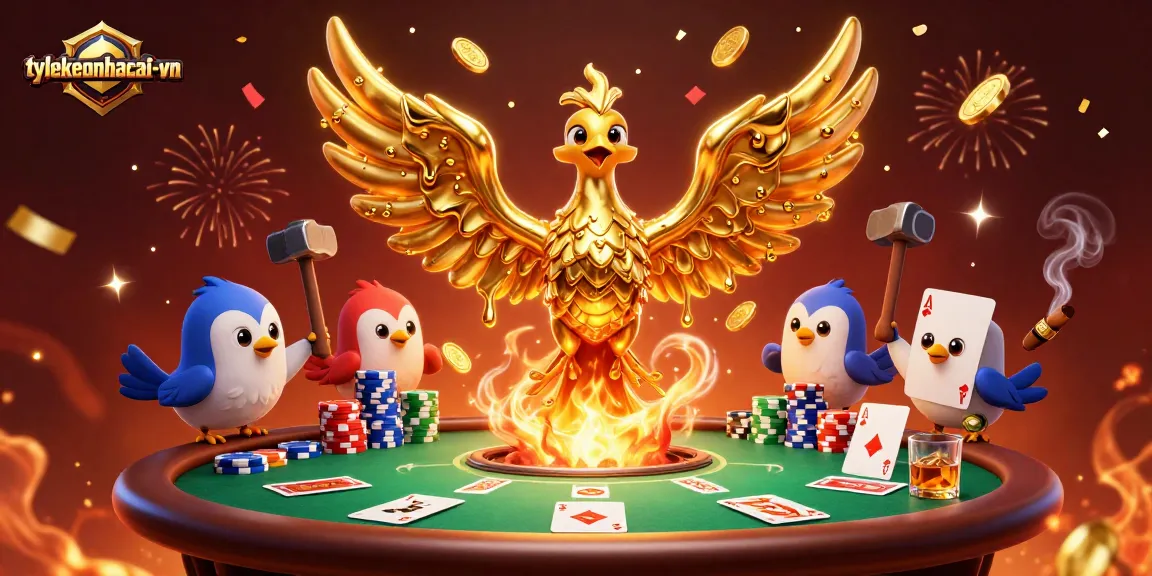 Engage with exciting poker action at tylekeonhacai-vn featuring a molten phoenix and golden coins.