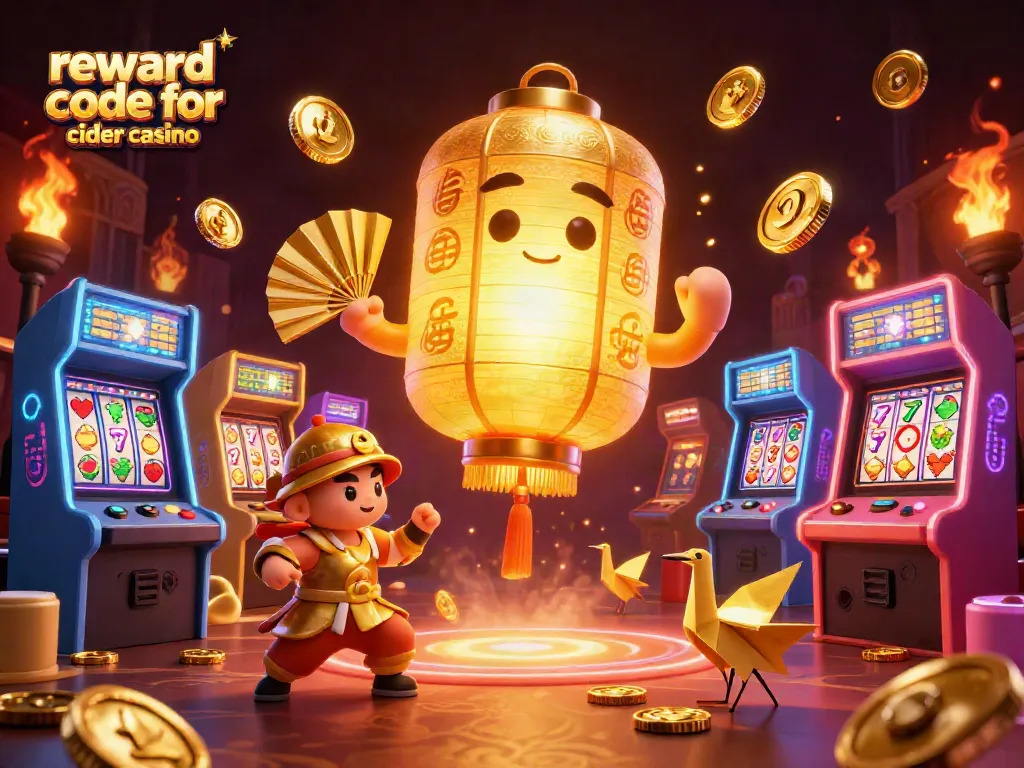 Win with the reward code for cider casino alongside a golden lantern spirit in a vibrant casino setting.