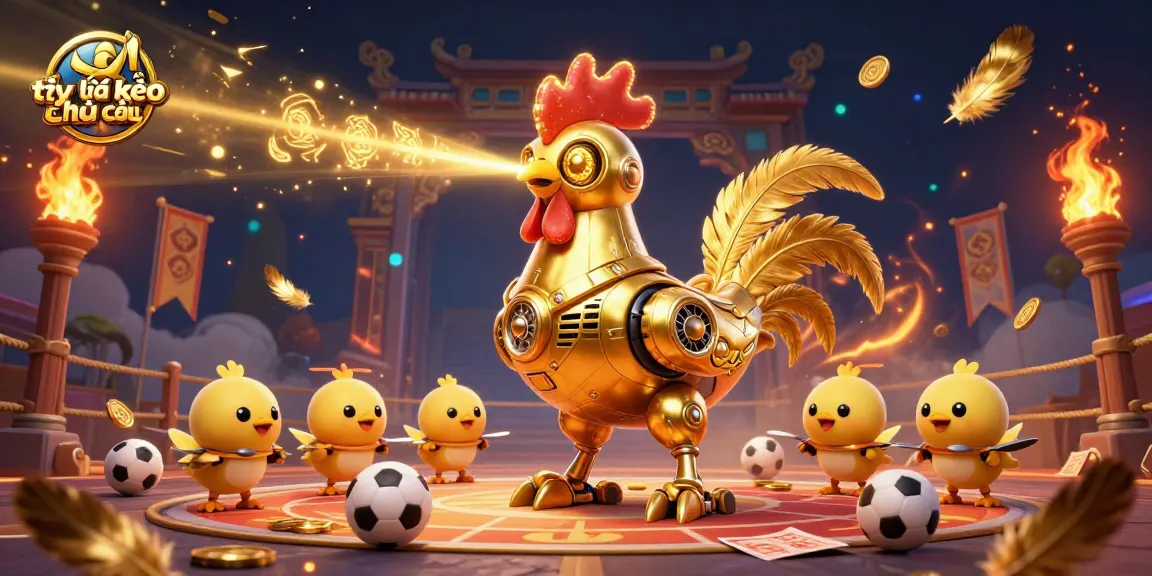 Experience thrilling sports betting action with tỷ lệ kèo nhà cái in this vibrant illustration of a futuristic rooster robot and baby chick drones.