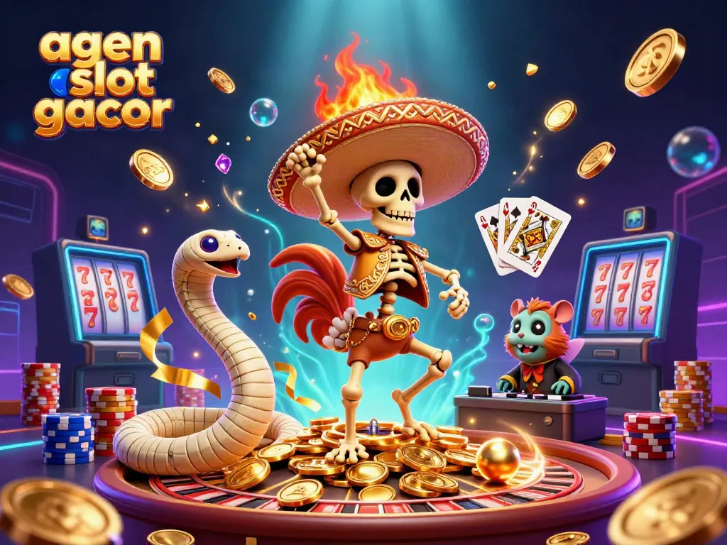 Experience excitement in agen slot gacor world with lively characters dancing on golden coins amidst casino elements.