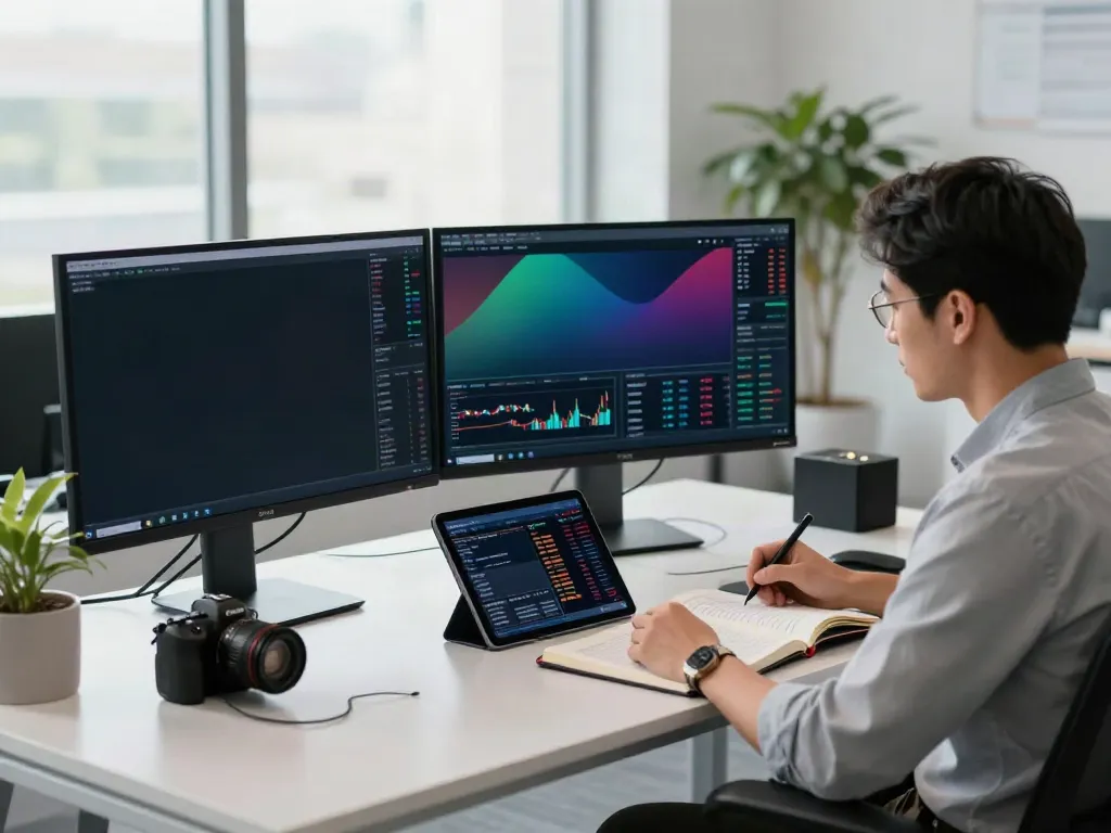 Trader using TradingView on multiple monitors in a professional workspace.