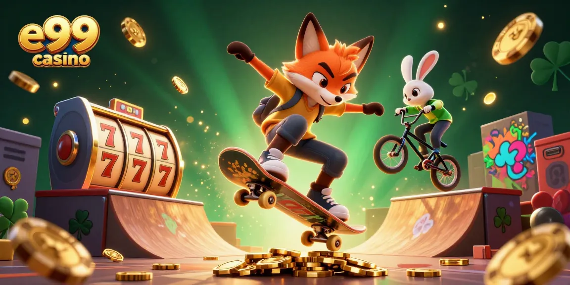 Experience exciting wins at e99 casino with a vibrant 3D cartoon gaming scene.