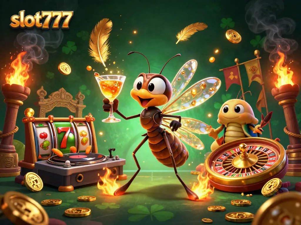 Bermain slot777 sambil meraih jackpot pada mesin slot berwarna-warni yang dikelilingi koin emas yang bersinar.