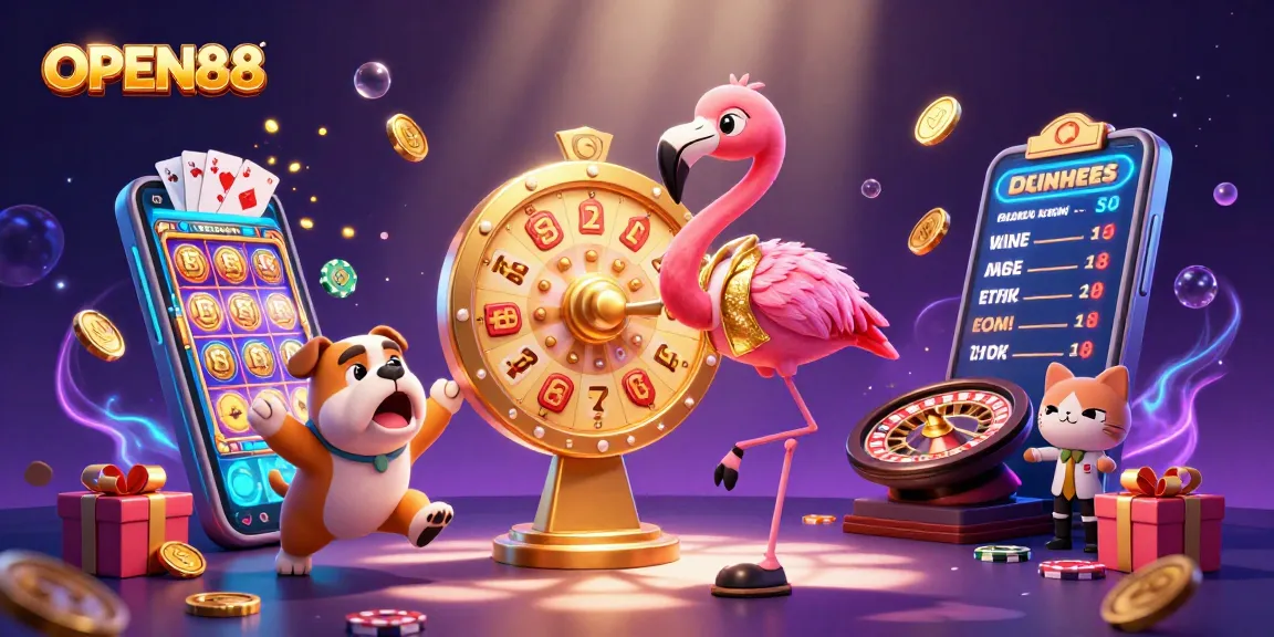 WIN BIG with OPEN88 in this vibrant casino-themed illustration, featuring exciting gaming activities.