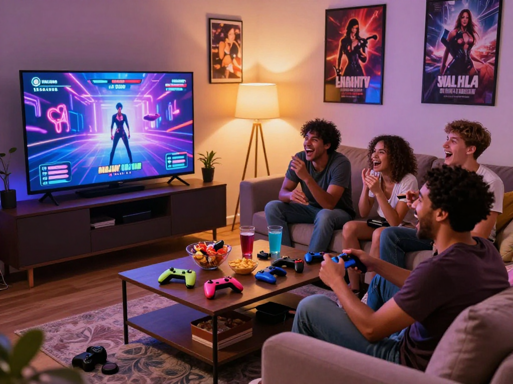 Exciting gaming atmosphere with friends playing a real sex game in a lively setting.