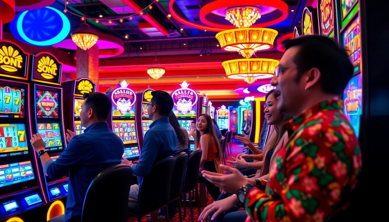 Engaging scene of players enjoying slot gambling at vibrant casino machines.