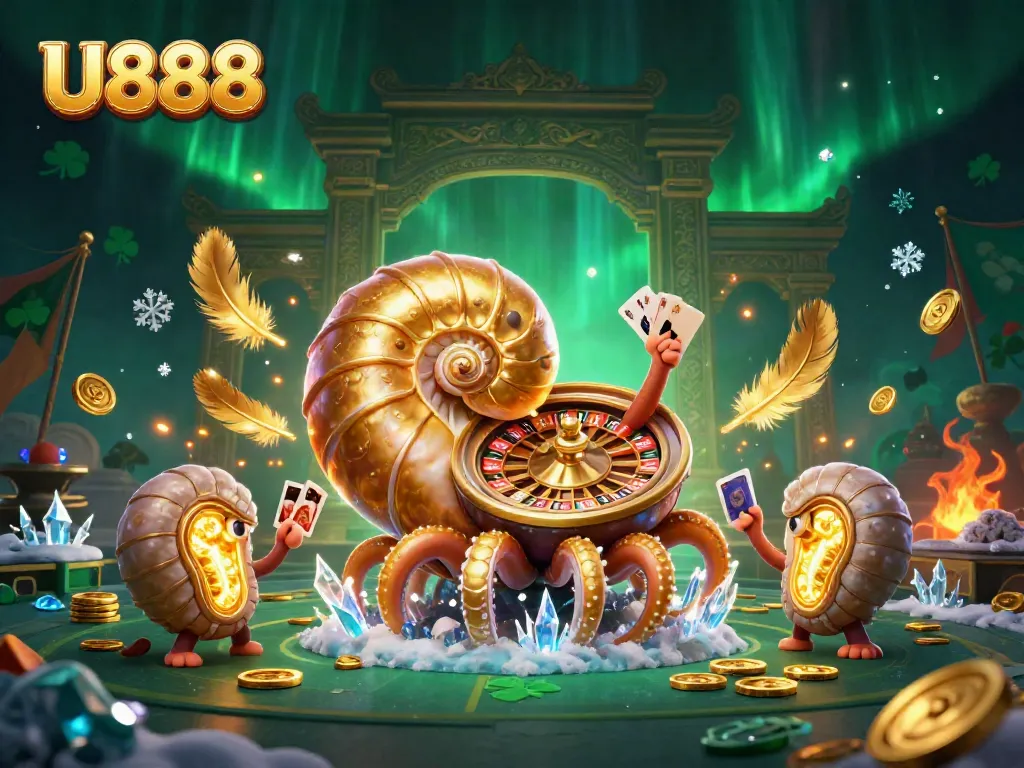 Experience thrilling gameplay at U888 with a vibrant 3D illustration featuring a giant nautilus roulette and vibrant gaming elements.