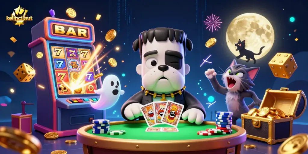 Experience kelincilaut's thrilling casino vibes with this vibrant 3D scene of characters and exciting game elements!