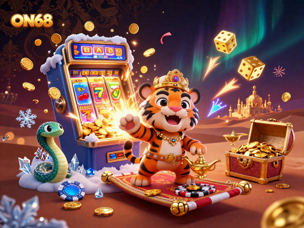 Experience the thrill of ON68 with a vibrant 3D casino scene featuring a jackpot explosion and engaging game elements.
