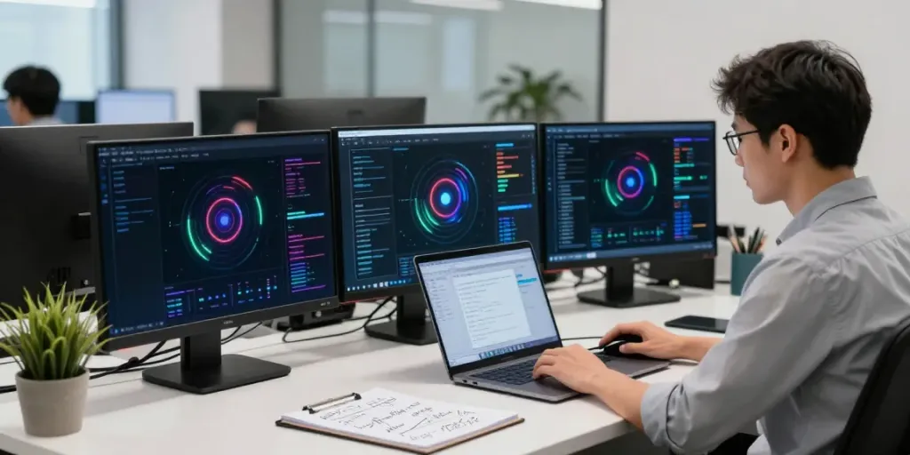 Engineer explores GPU computing capabilities in a modern AI office.