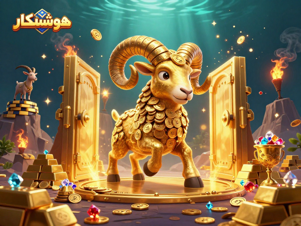 Experience excitement with هوشمندکار as a golden ram charges through a treasure-filled casino scene