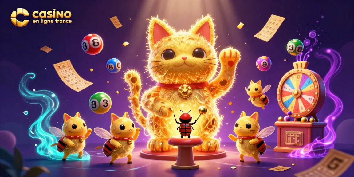 Admirez cette illustration 3D colorée de casino en ligne France avec un chat porte-bonheur et des symboles de jeux captivants.