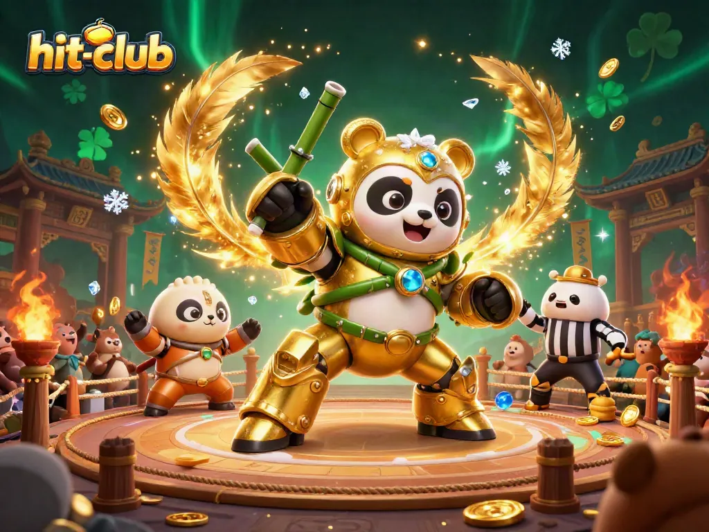 Hit-club showcases a dynamic 3D illustration of a panda piloting a robot in a lively gaming arena.