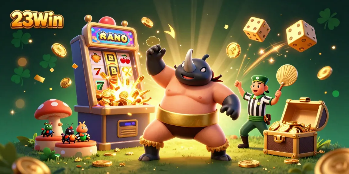 Experience thrilling gameplay at 23Win with a dynamic scene of a sumo champion amidst vibrant casino visuals.