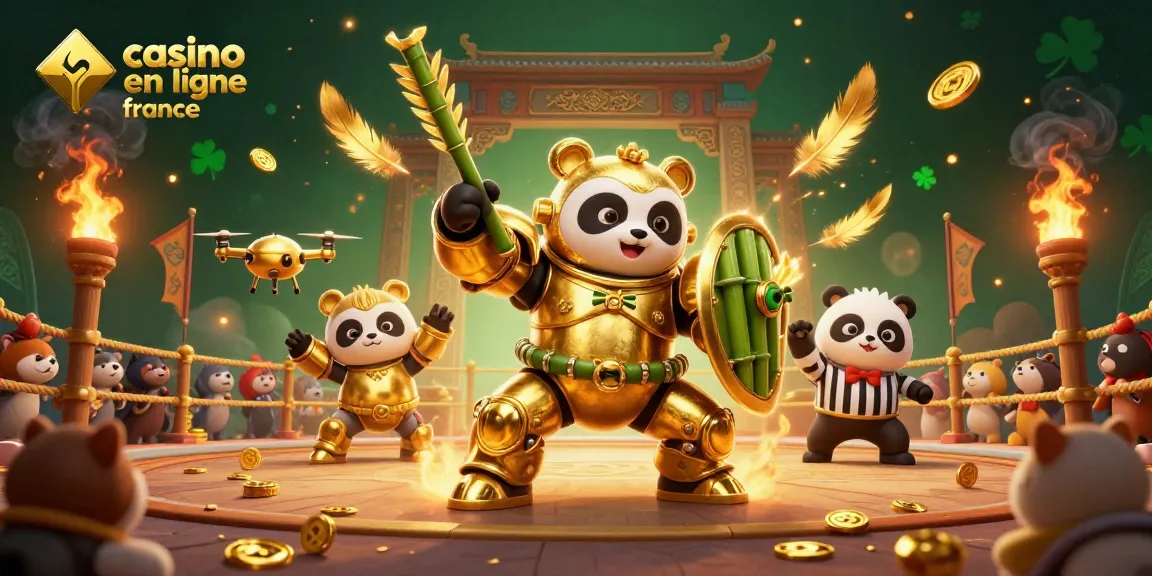 Illustration captivante de l'arène de casino en ligne France avec un panda doré en armure et des éléments d'animation.