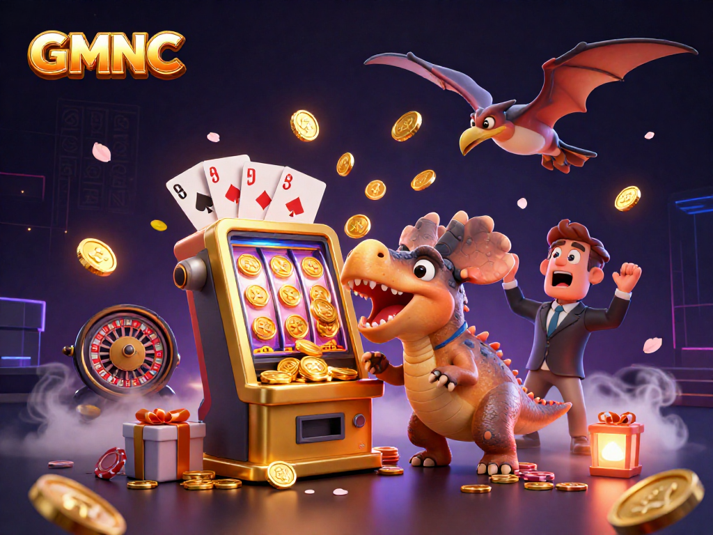 GMNC attracts attention with a pachycephalosaurus winning coins from a golden slot machine.