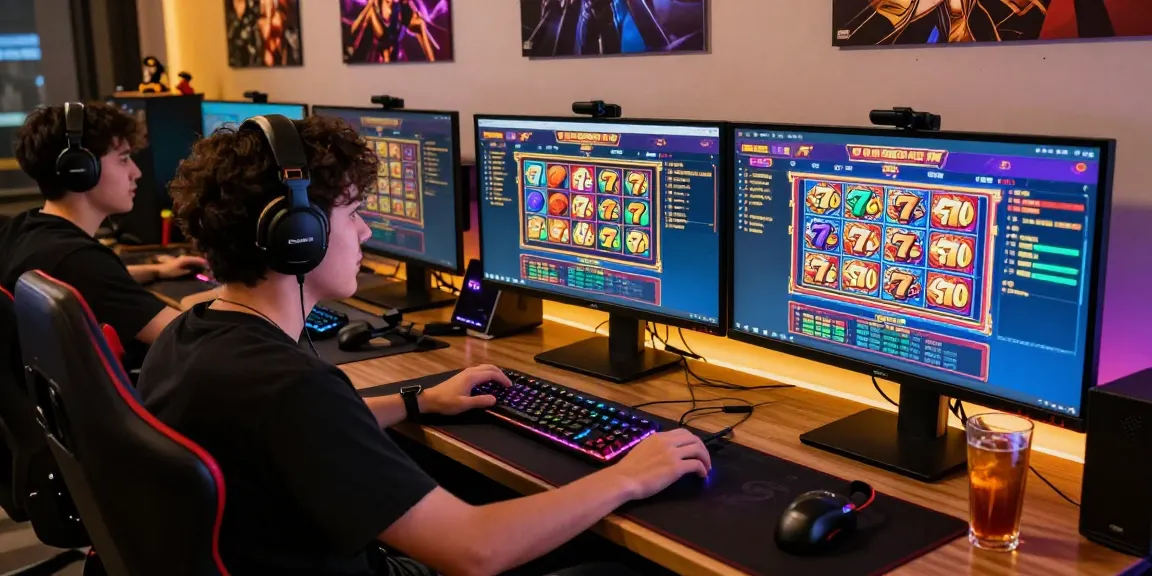 Exciting online gambling experience with slot 777 game on multiple monitors.