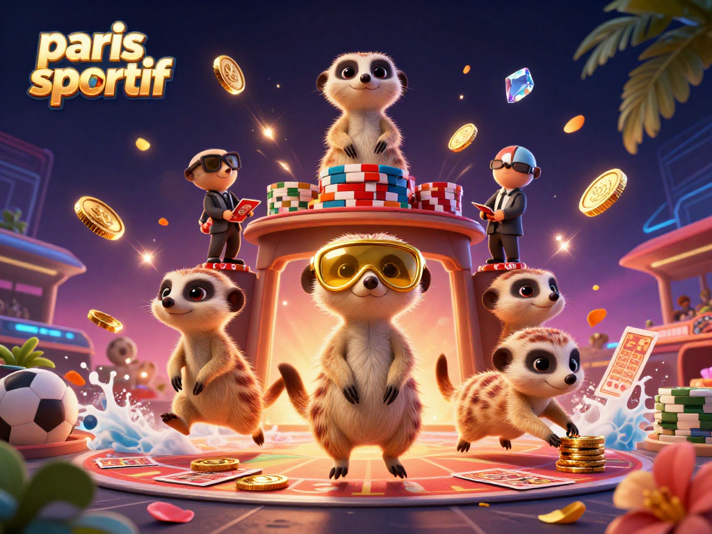 Le paris sportif à travers des meerkats animant un casino, entourés de jetons et de gains.