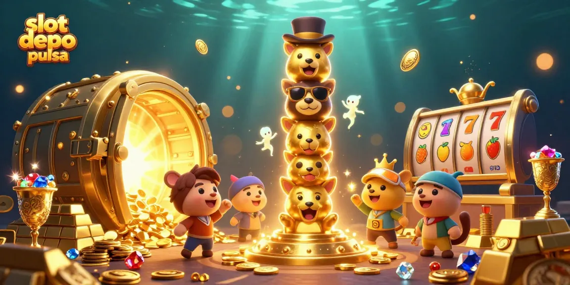 Spin to win with slot depo pulsa in this vibrant casino illustration filled with gold and gems.