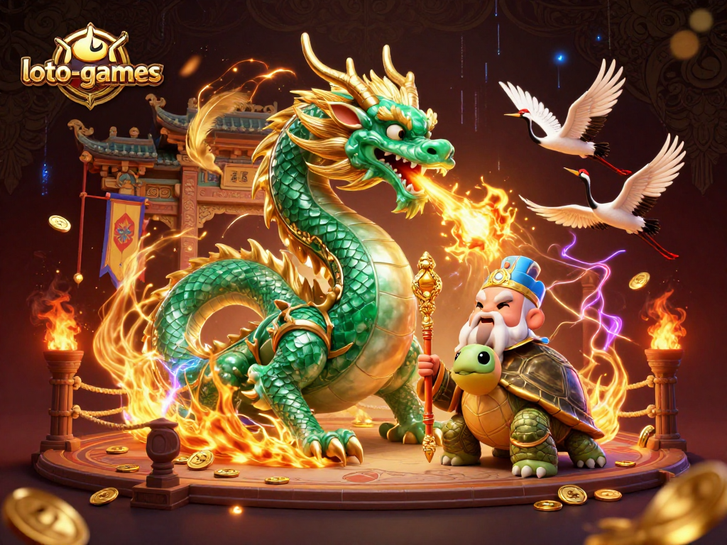 Loto-games showcase featuring a majestic dragon and lucky cranes in a vibrant casino scene.