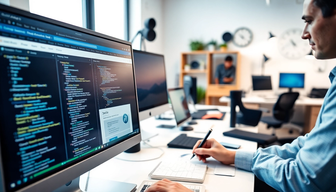 Showcasing Shopify store development tools in a professional workspace focused on coding.
