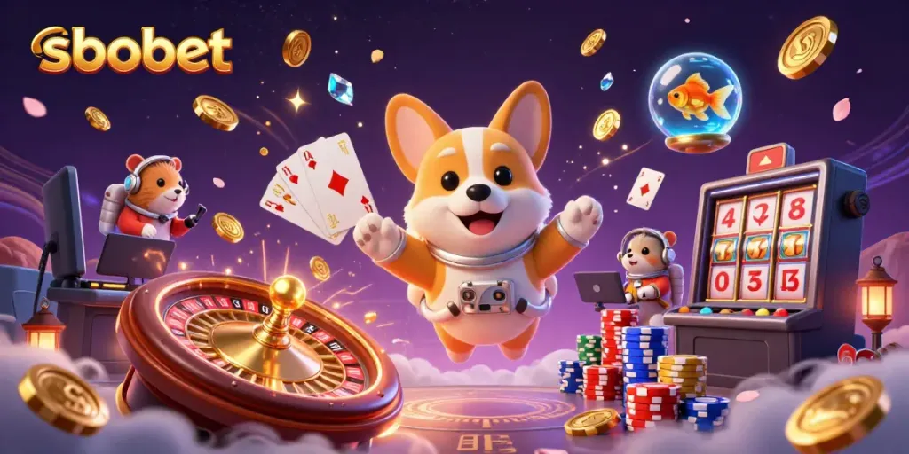 Experience sbobet's thrilling bets in a vibrant casino scene filled with floating characters and games.