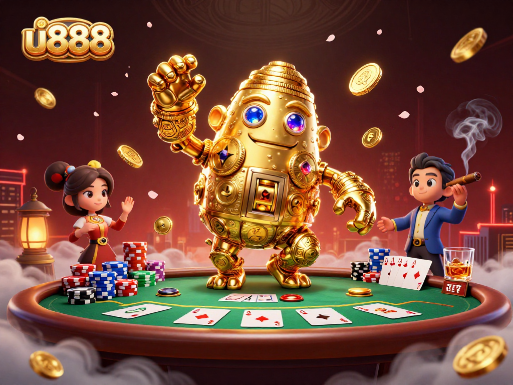 Experience the thrilling action of u888 with a golden golem and vibrant poker elements.