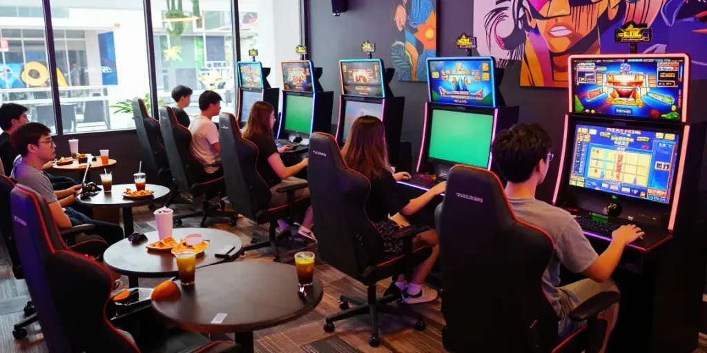 Group enjoying PG SLOT games in a colorful gaming lounge with vibrant lights.