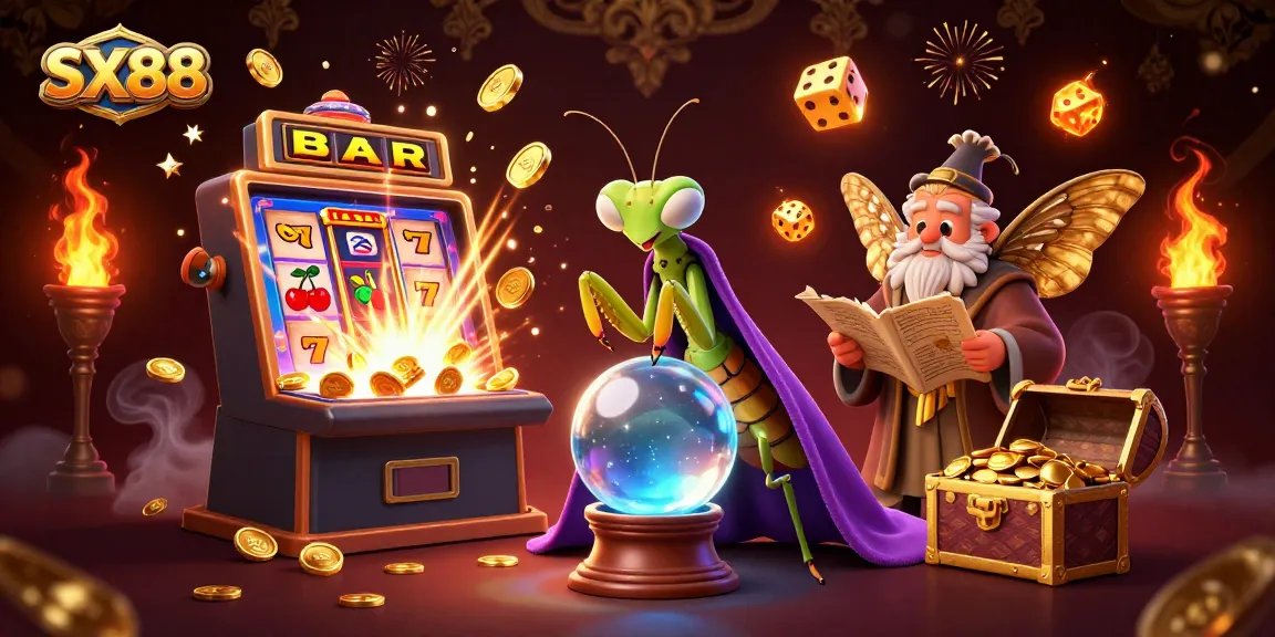 SX88 players engaging in an exhilarating slot machine jackpot, featuring whimsical characters of a mantis and moth amidst dazzling casino elements.
