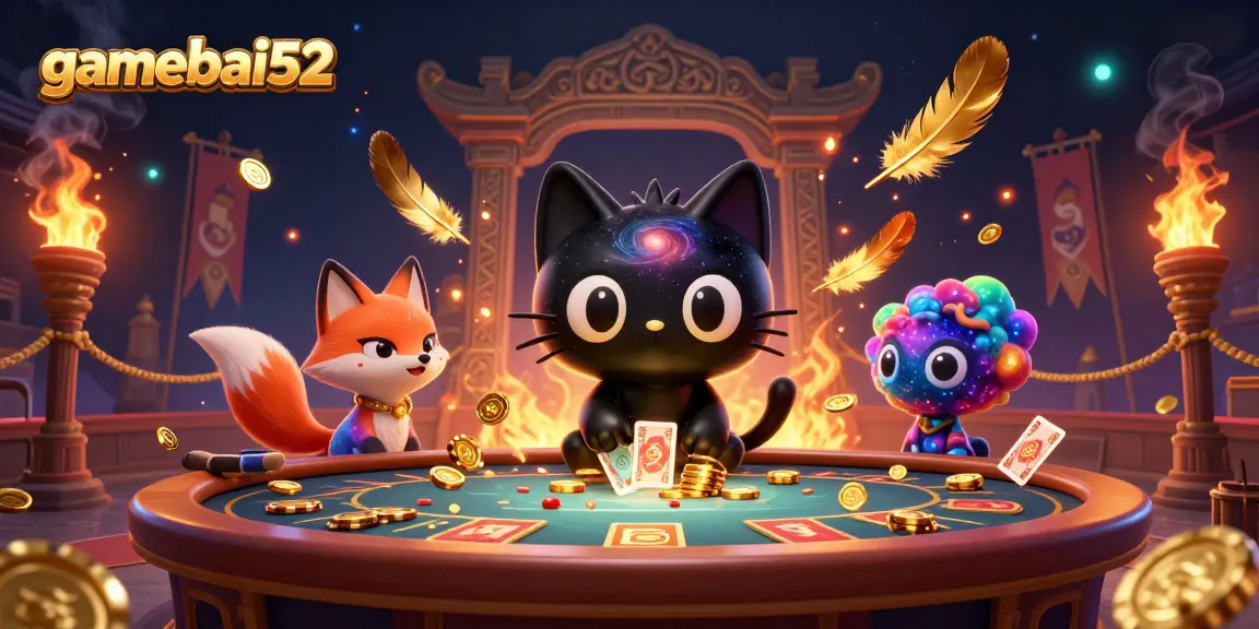 Experience gamebai52's thrilling cosmic casino scene with captivating characters and golden rewards!