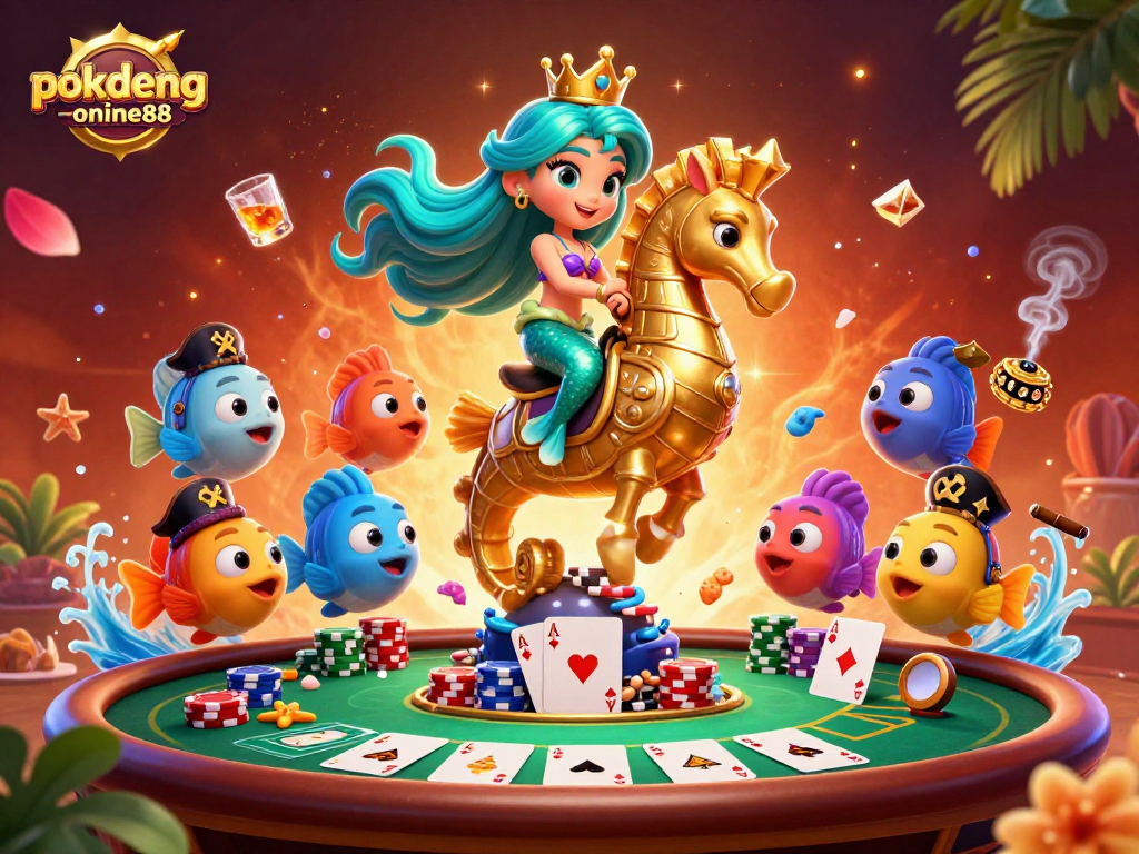 Experience thrilling gameplay at pokdeng-online88 with a vibrant underwater poker scene featuring characters and rich game elements.