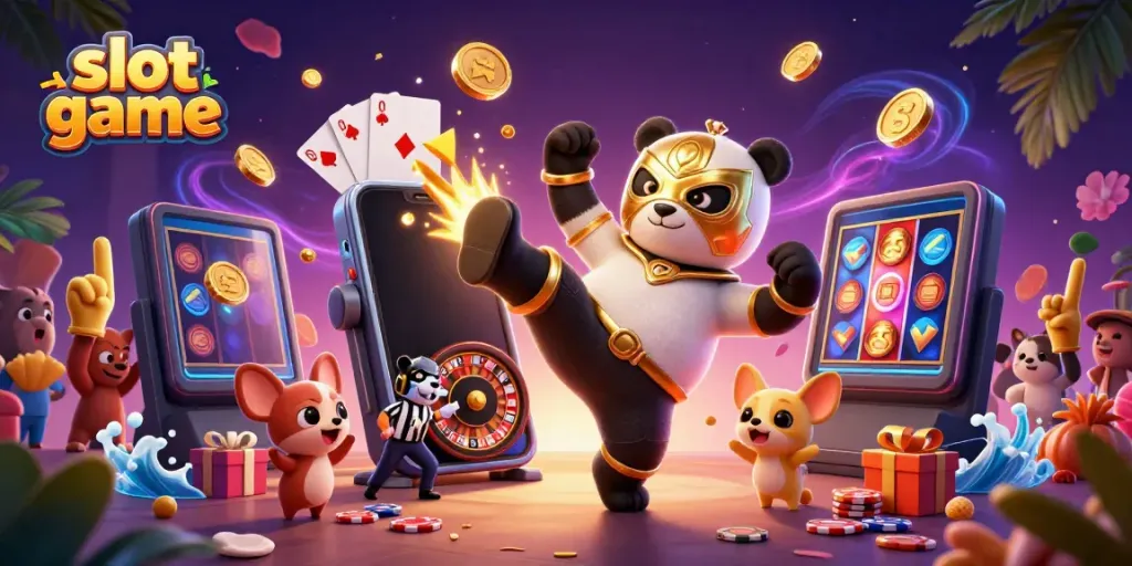 Permainan slot game yang menampilkan panda pegulat 3D beraksi dengan semangat di kasino.