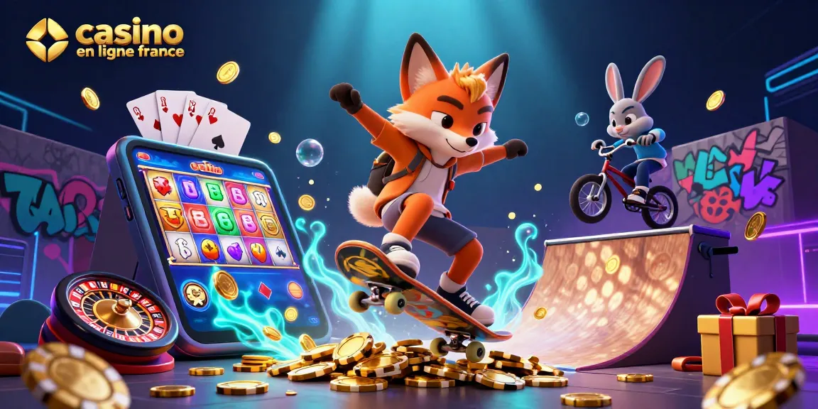Illustration dynamique de casino en ligne France avec un renard skateboard et un lapin BMX.