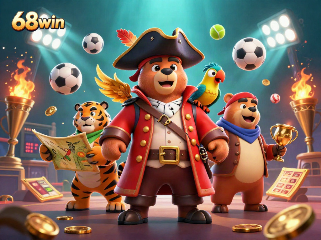 Engage with 68win through an exciting 3D pirate scene featuring action-packed sports betting elements.