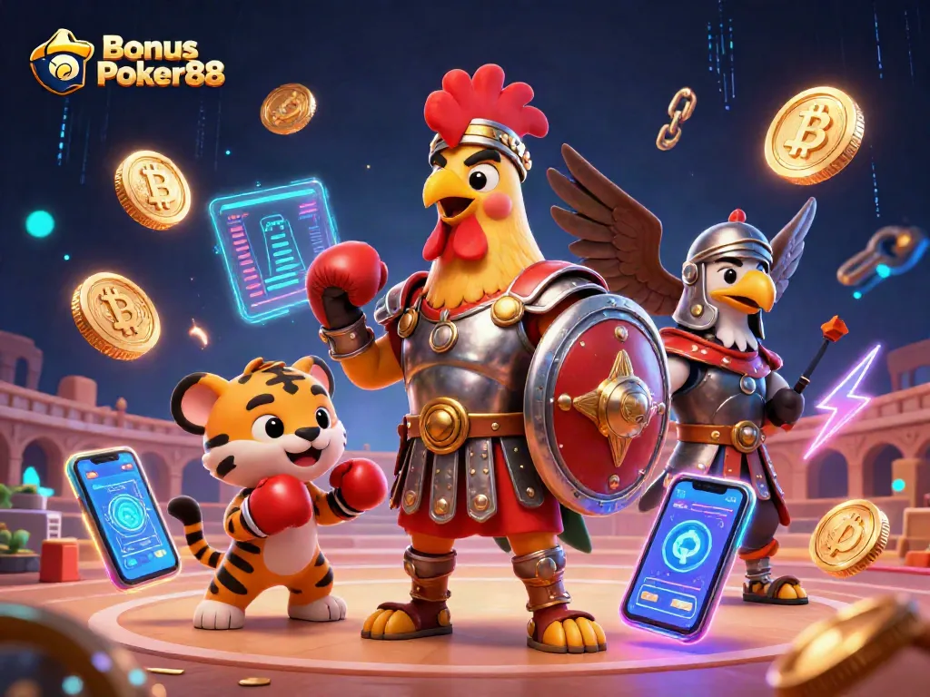 Play and win at Bonus Poker88 with a vivid 3D illustration showcasing the excitement of gambling.