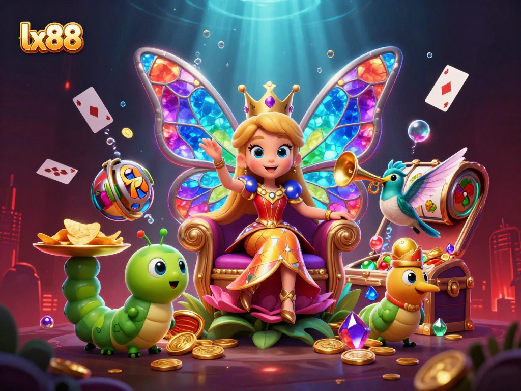 Engage with the lx88 butterfly queen and lively slot elements in this vivid casino scene.