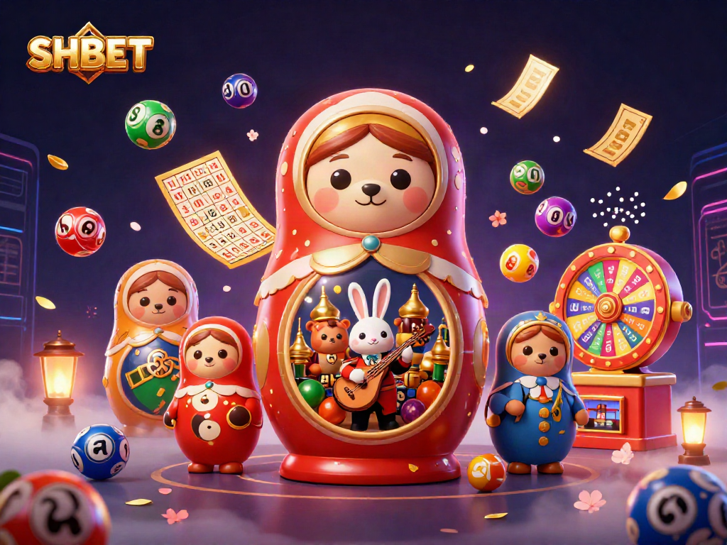 SHBET showcases a vibrant scene with a Russian Matryoshka bear and interactive lottery elements, perfect for gamblers.