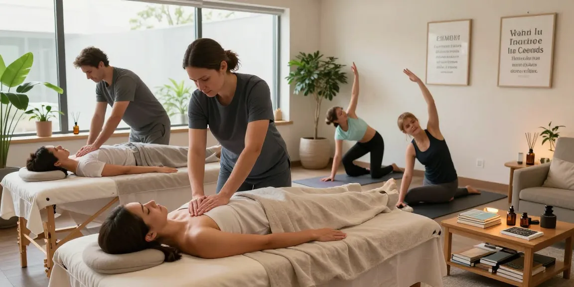 Relaxing 오피사이트 wellness center with diverse clients receiving treatments and soothing ambiance.