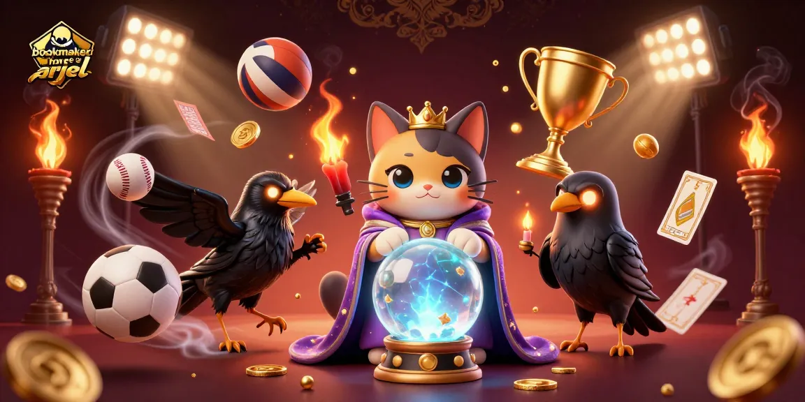Pariez avec le bookmaker hors arjel, une scène animée de paris sportifs avec chat mystique et éléments de jeu.