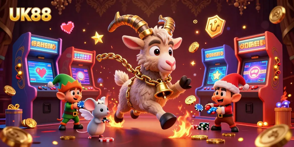 Engage with thrilling casino fun at UK88, featuring Krampus, angel mouse, and gremlins in a festive game scene.