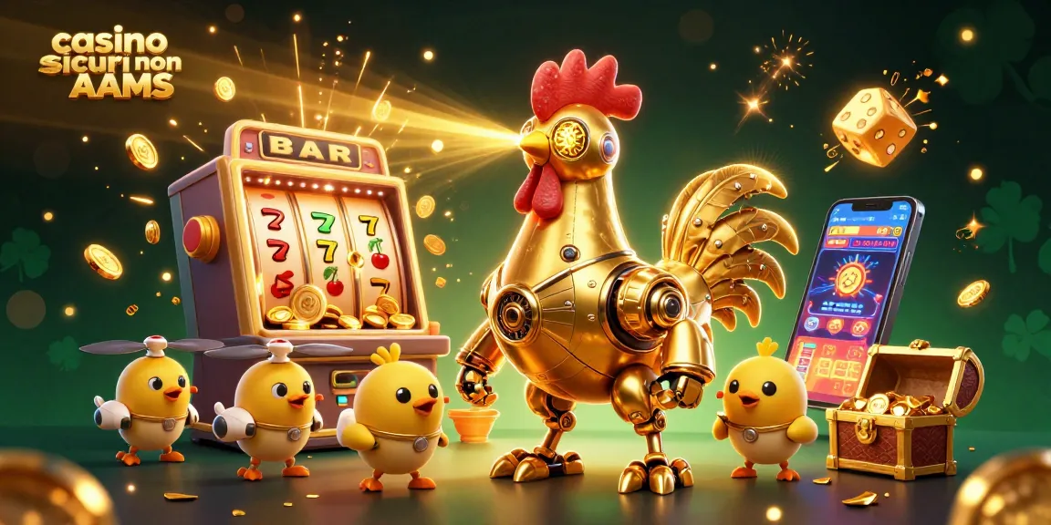 Gioca nei casino sicuri non AAMS con il robot gallo dorato che spara raggi laser e simboli fortunati volanti.