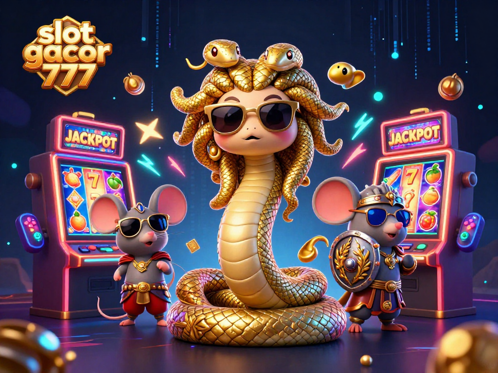 Spin the reels with slot gacor 777 featuring Medusa and a warrior mouse in a vibrant casino scene.