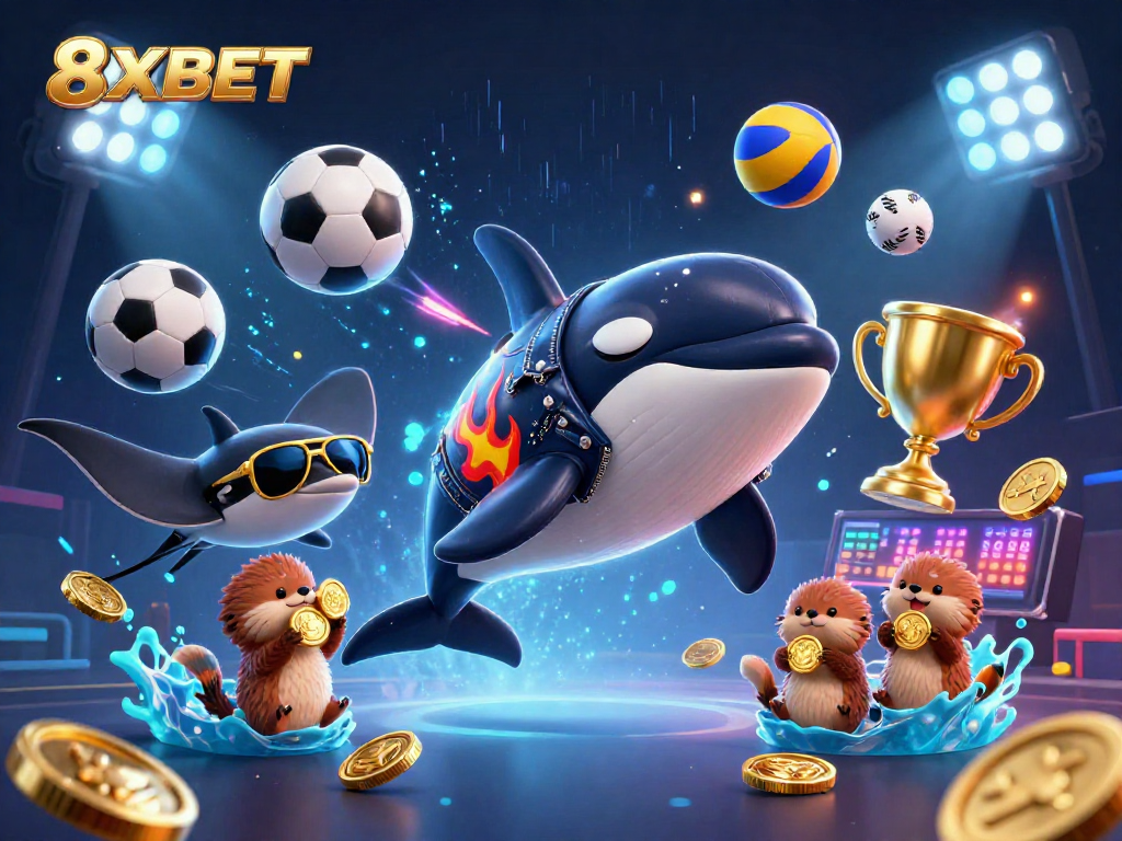 Experience the excitement of 8XBET with a dynamic scene featuring playful sea creatures and vibrant gaming elements.