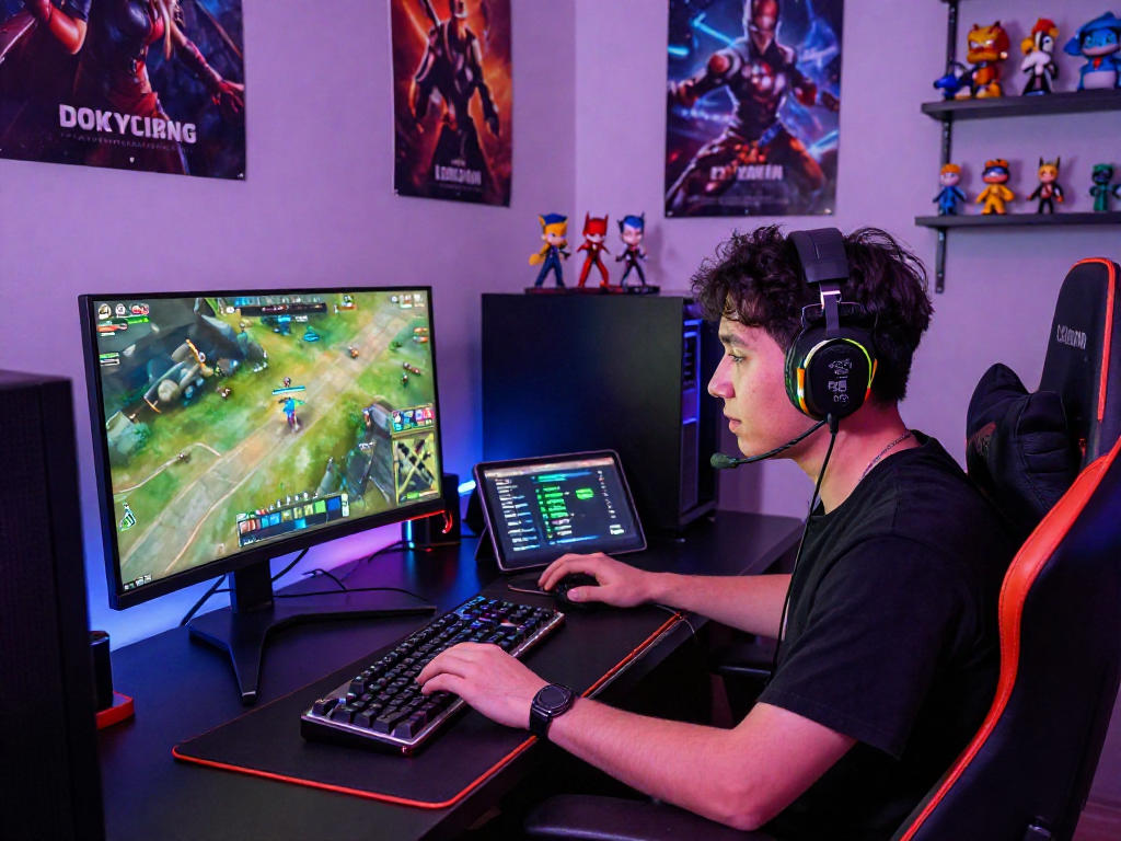 Excited player focused on lavowin gaming platform with RGB lighting and gaming gear.