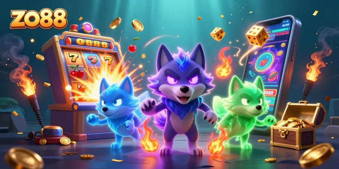 Experience thrilling wins at zo88 with 3D wolves amidst a jackpot explosion and lively casino elements.