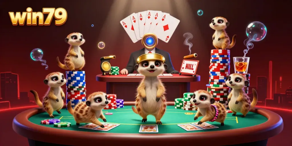 Win79 meerkats operating a vibrant casino with poker elements and a colorful backdrop