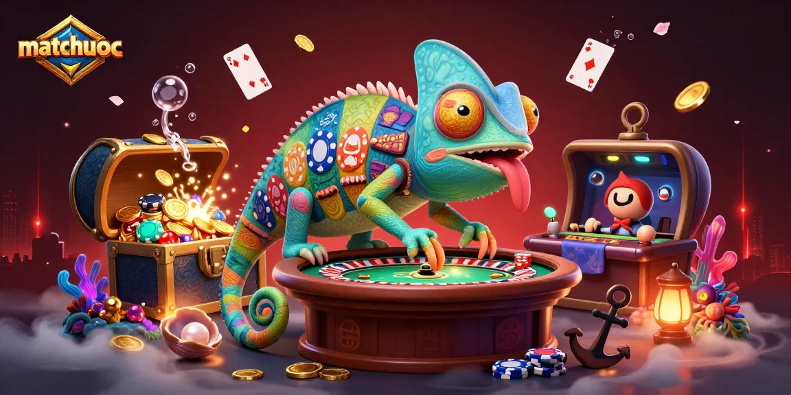 Experience the vibrant matchuoc casino with a chameleon owner amidst rich gaming elements.