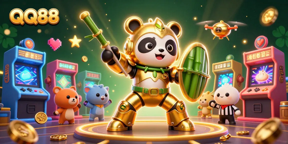 Experience the thrill of QQ88 as a golden panda fights with gaming elements in a vibrant casino arena.