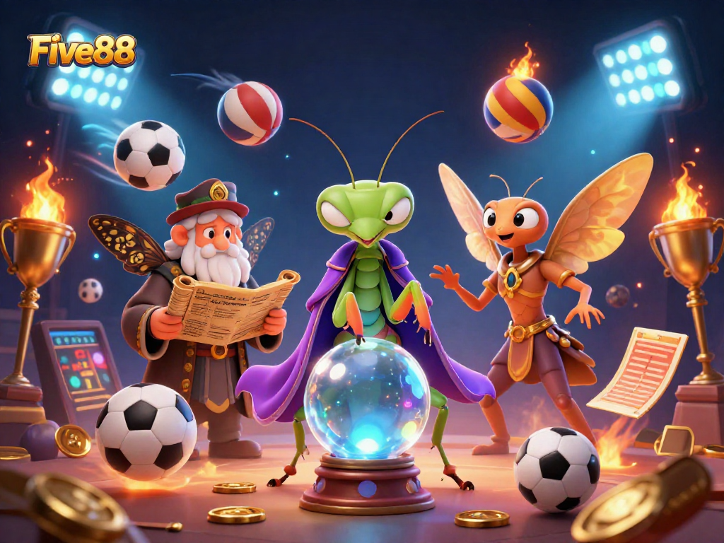 Engage with Five88's dynamic gambling adventure through a whimsical casino scene full of sports elements.