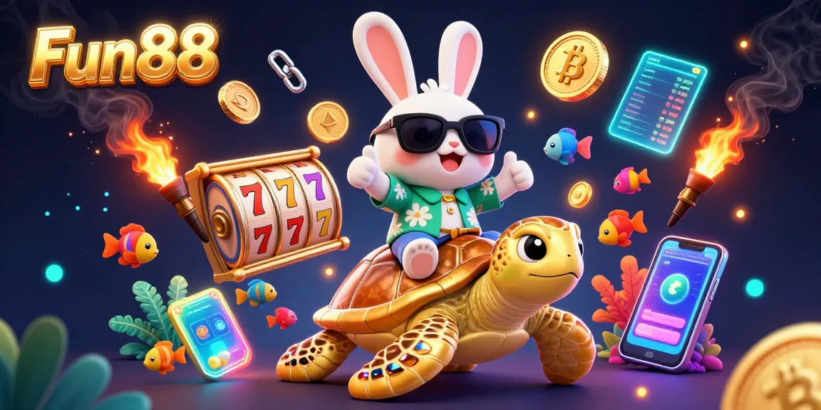 Join the Fun88 adventure with a lucky rabbit and golden sea turtle surrounded by vibrant casino elements.